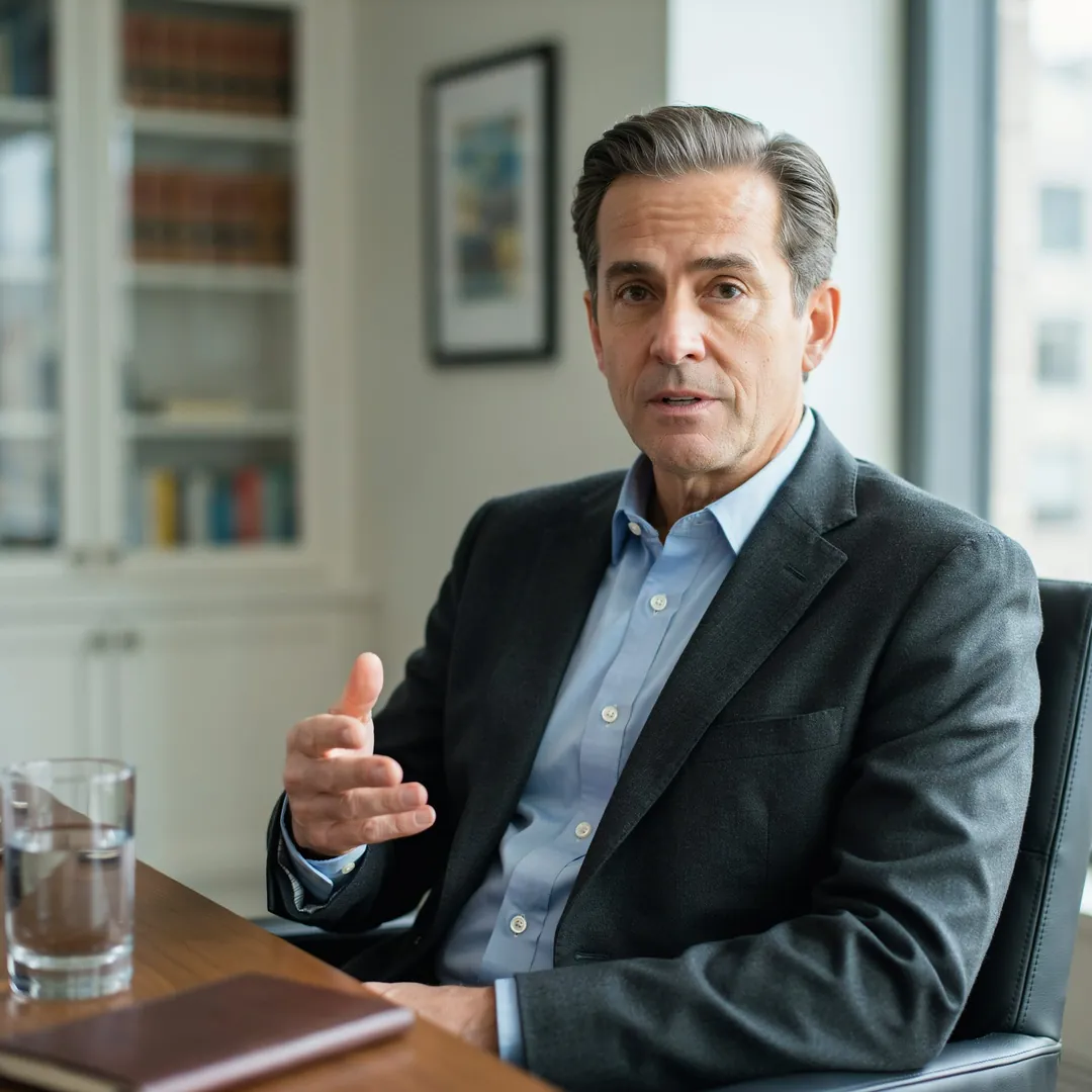 A senior executive being filmed in a professional interview setup with softbox lighting and blurred office background