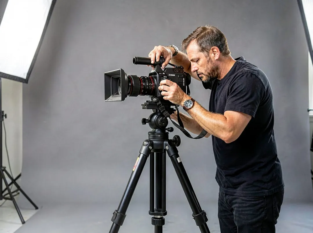 A camera operator adjusting a cinema camera on a tripod inside the Webcomp Digitex in-house studio