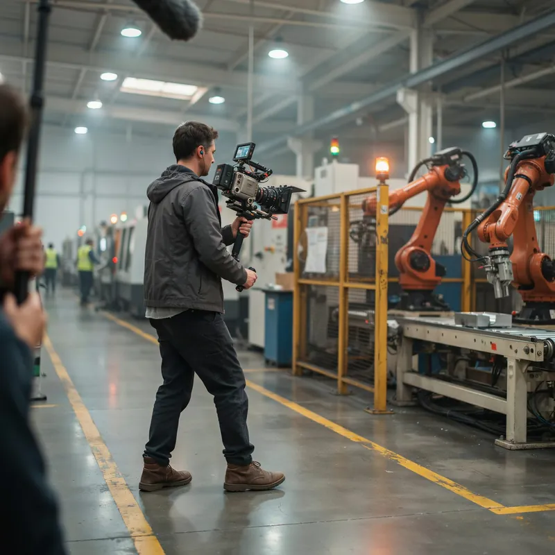Cinematographer filming inside a manufacturing plant