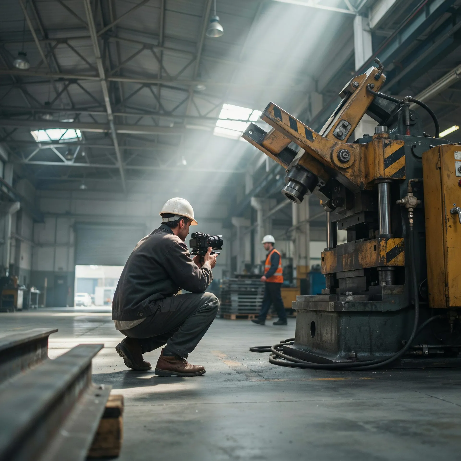 Camera operator filming machinery on a factory floor