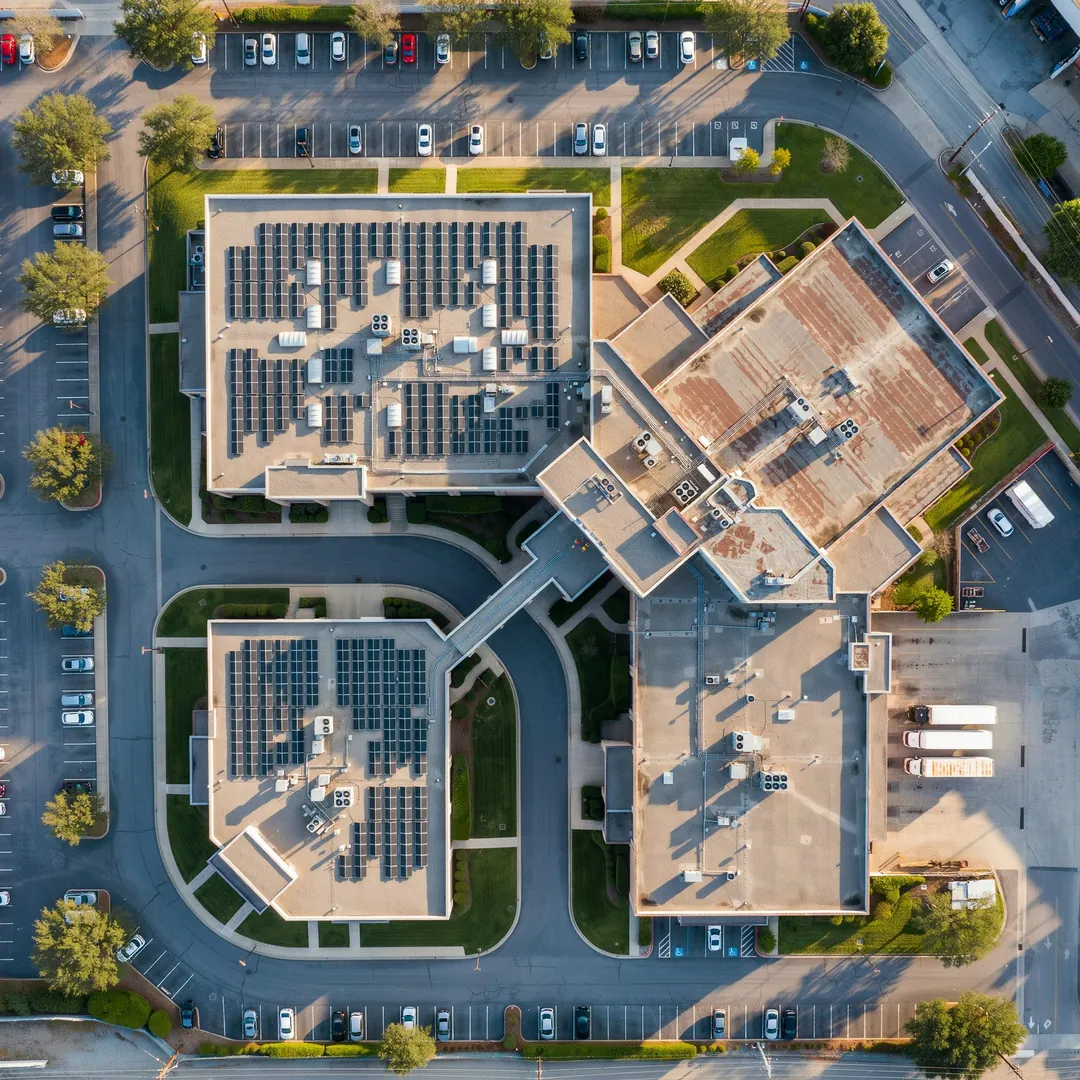 Aerial drone shot looking straight down over a large commercial campus at late afternoon