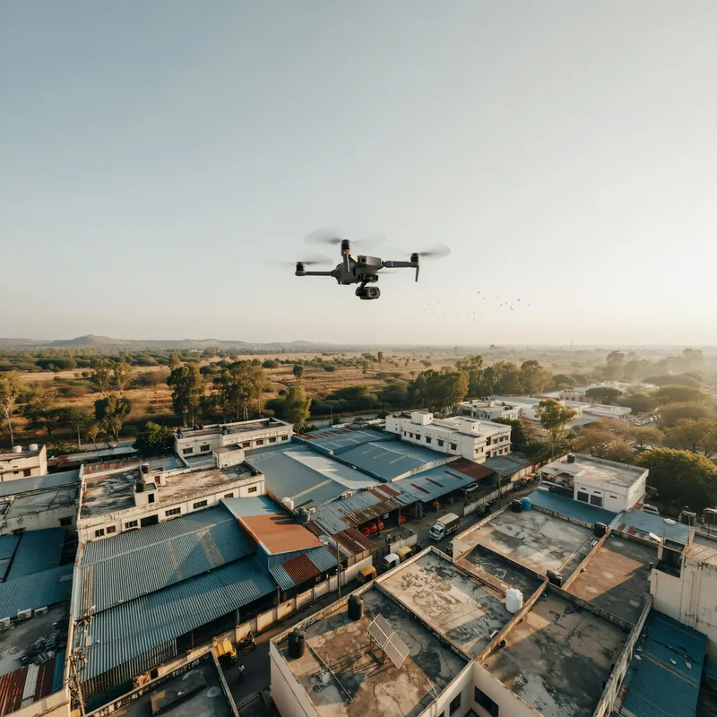Drone flying above an industrial estate in Pune