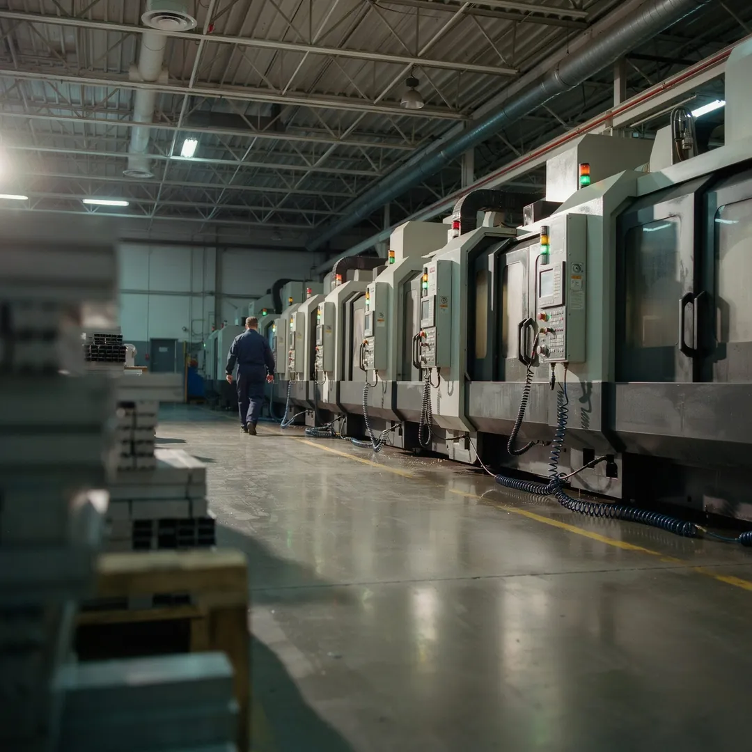 A camera on a slider tracking along industrial machines on a factory floor during a corporate film shoot