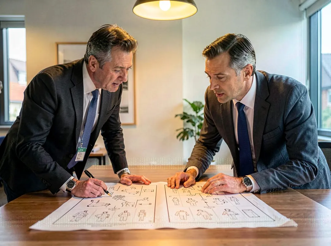 A director and client reviewing a printed storyboard spread on a table during a pre-production meeting