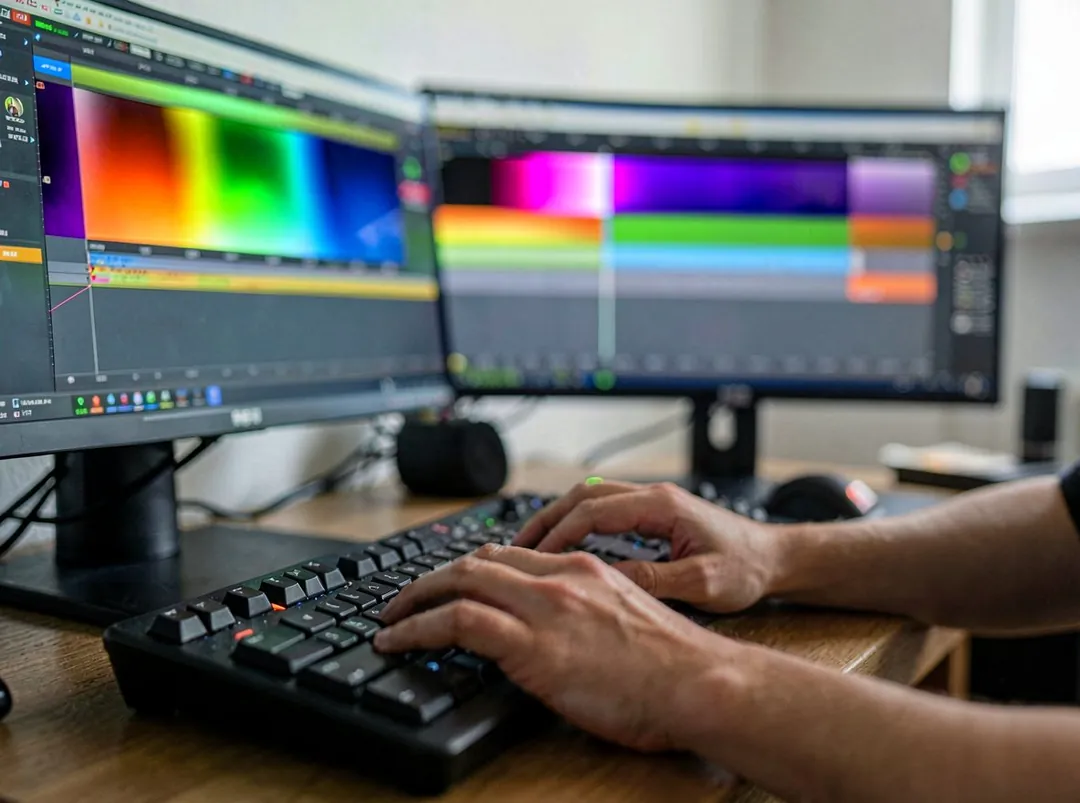 An editor's hands on a keyboard at a workstation during the post-production finishing pass