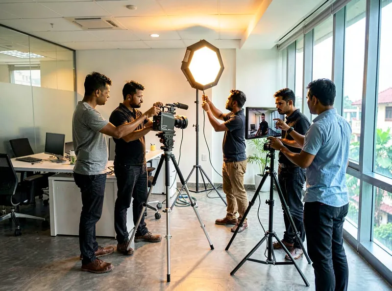 Film crew setting up a shoot inside a corporate office